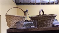 Three baskets, woven wood, chicken wire basket