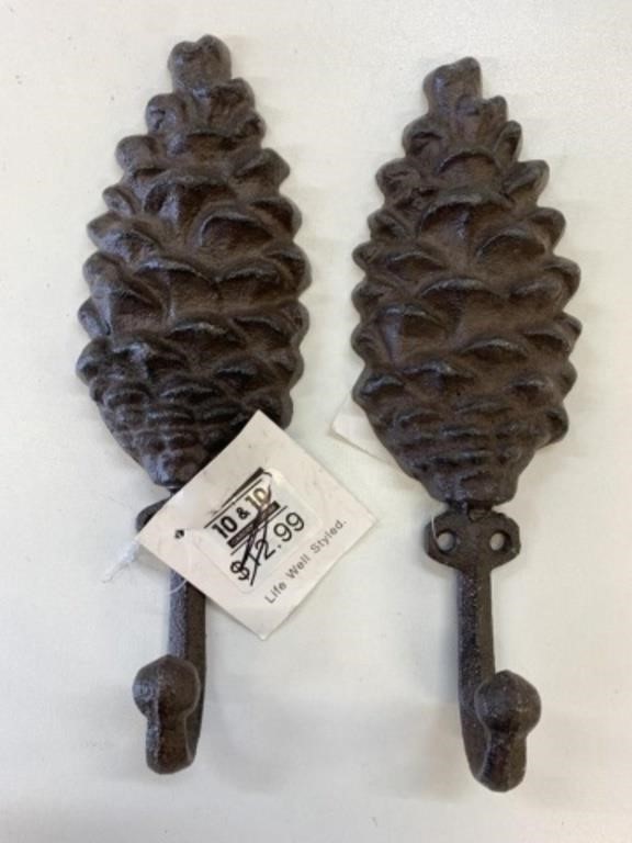 2 New 8" Cast Iron Pine Cone Design Coat Hooks