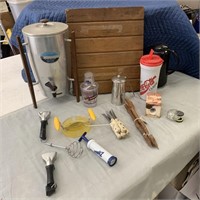 Table Lot- Hand Carved Wood Utensils, Kettle,