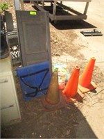 14"x38" shutter, boat cushion, 3 orange cones,