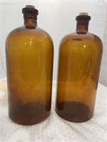 2 Amber Glass Jars w/Corks 14"H
