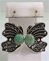 Lg Unique Sterling Turquoise Butterfly Earrings