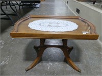 WOODEN SERVING TABLE W/GLASS TRAY