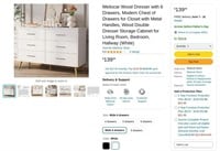 B5066  Meilocar Modern Wood Dresser, 6 Drawers, Wh