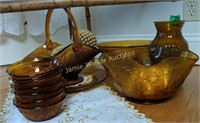 Amber Glass Basket, Plate, Vase, Bowls. Indiana