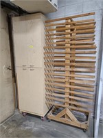 Rolling Wood Rack and Tall Wood Cabinet with Conte