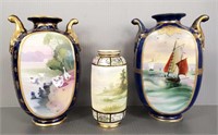 3 pieces Nippon hand painted scenic vases