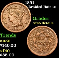 1851 Braided Hair Large Cent 1c Grades xf+