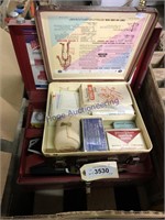 OLD FIRST AID KIT, TIN BOX W/ ASST PARTS