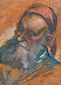 PORTRAIT PAINTING OF A BEARDED MAN WEARING A FEZ