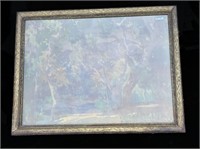 WATERCOLOR PRINT WOODED LANDSCAPE UNDER GLASS