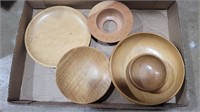 Lot of wood bowls, plate, and flower frog