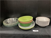 Pyrex Pie Plates, Fiestaware, Stoneware Bowls.