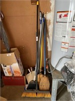 ASSORTED BROOMS, DUST PANS, SWIFFERS, RAGS, &