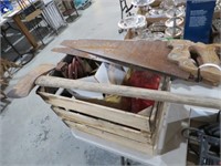 CRATE FULL OF SAW, AXE,MISC