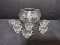 9pc Raised Glass Grape Design Punch Bowl Set