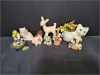 (9) Animal Figurines w/ (1) Pottery Cat Planter