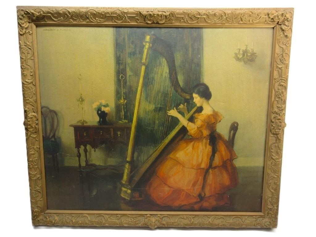 Antique Woman Playing Harp Print  29"T x 34"W
