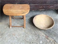 WOODEN BUTTER BOWL  AND WOOD STOOL