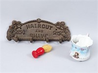 Metal Haircut Sign w/Mustache Mug & Shaving Brush