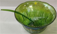 Green Carnival Glass Punch Bowl w/ Ladle