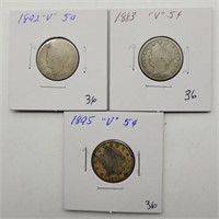 3- V NICKELS 1892, 1883 & 1895