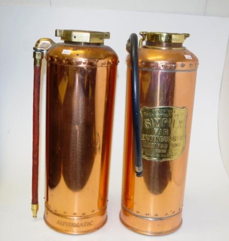 Two polished copper & brass fire extinguishers