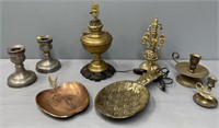 Metalwares Lot; Lamp; Candlesticks & Trays