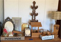 Decorations, wood cowboy boot lamp and shelf,