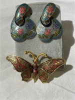 Vintage Butterfly Brooch& Cloisonne Earrings