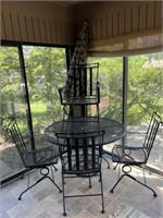 Metal Patio Table, 4-Chairs, Umbrella with Stand