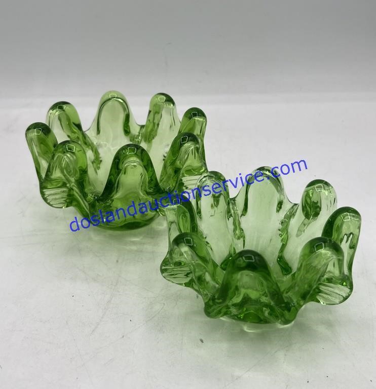 Lot of 2 Green Art Glass 8 Finger Trinket Dishes