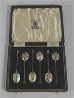 Set of six sterling silver and enamel coffee spoon