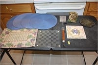 Place mats, glass checker board, napkin holder