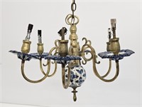 1940'S BRASS AND PORCELAIN CHANDELIER