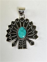 Large Sterling Native Signed Turquoise Pendant 13G