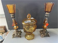 Amber Candy Dish & 2 Candle Holders