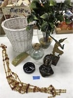 white wicker basket, glass vase, an more
