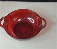 Red glass handled bowl approx 7.5 inches diameter