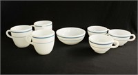 Six vintage Pyrex milk glass mugs in two sizes wit