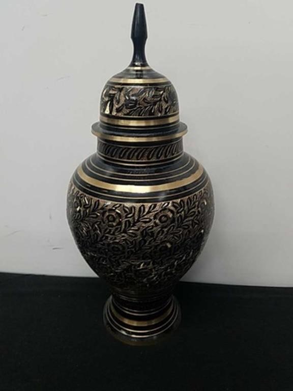 Vintage floral design brass vase 14.5 in
