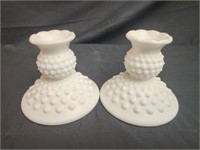 Pair of milk glass hobnail candle holders