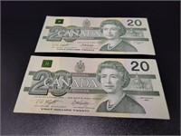 2 Canadian 20$ Bank Notes 1991