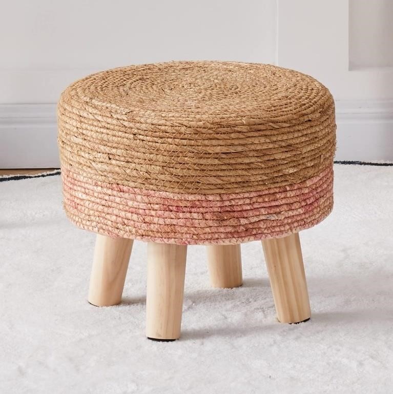 Seagrass Footrest Pouf Natural/Pink