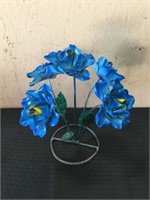 Small Blue 5 Flower Metal Art