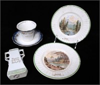 Lot, Seneca Falls plates, cup and saucer, vases