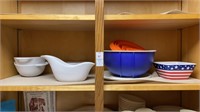 Shelf lot, three ceramic two handled bowls,