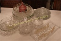 Clear glass bowls, plates, acid cut glass basket