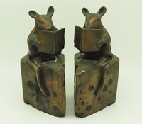 Two Vtg 6" Reading Mice Cheese Bookends