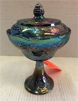 Blue Carnival glass compote with lid